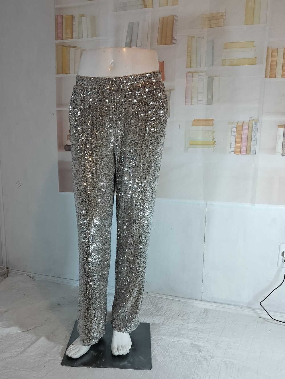 Silver Sequin Straight-Leg Pants - Picture 1 of 6